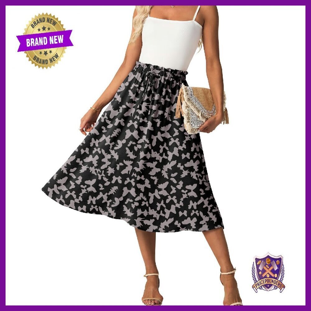 High Waist A-Line Midi Skirt with Pockets, Below Knee Length, Flowy Summer